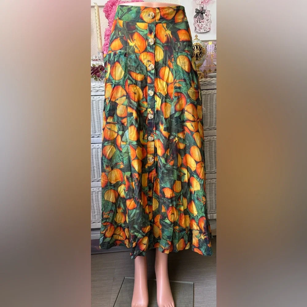Anthropologie Maeve Midi Skirt Graphic Orchard Print Orange/Green color Size 4 - Picture 2 of 10
